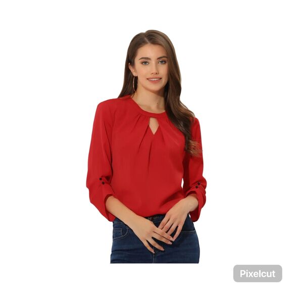 Size Small Allegra K Women's Red keyhole pleated ruched front 3/4 sleeves blouse - Picture 1 of 10